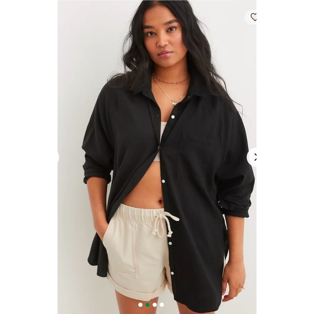 Aerie Black Linen Blend Button Front Shirt Oversized Beach Flowy Coverup Sz S